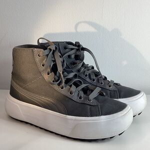 Puma Gray High-Top Sneakers with White Soles.